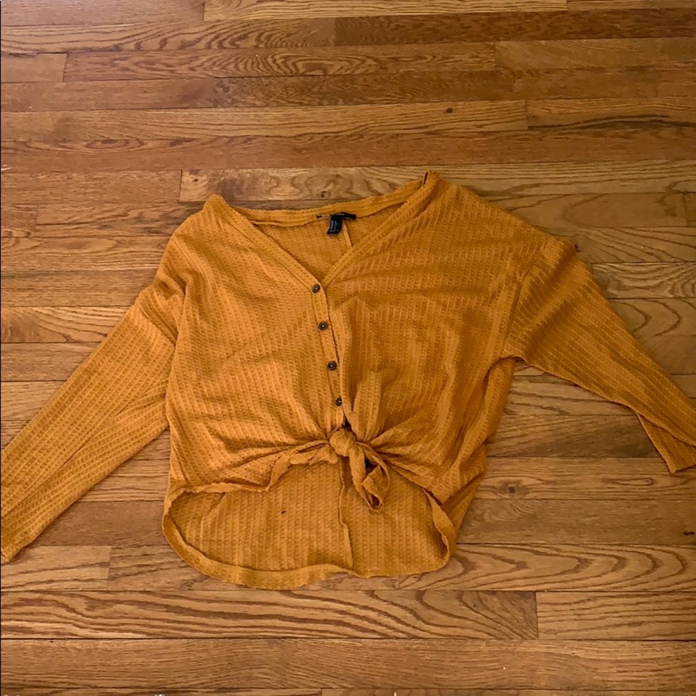 Forever 21 Mustard Yellow Waffle Shirt Tie Front
